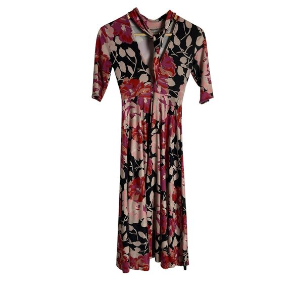 Zara High Neck Pink Floral Print Elbow Sleeve Tie Back Midi Dress Size Small - Picture 12 of 12